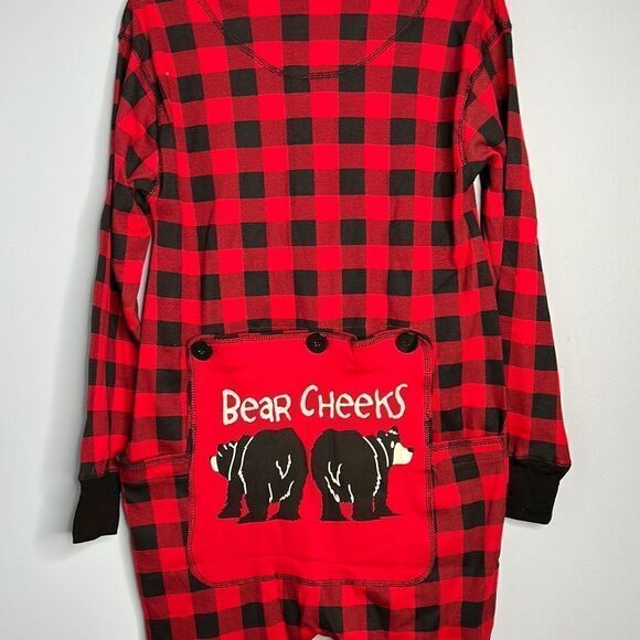 Lazy One Red Black Buffalo Plaid Adult Small onesie Flap Jack Bear Cheeks - Picture 1 of 10
